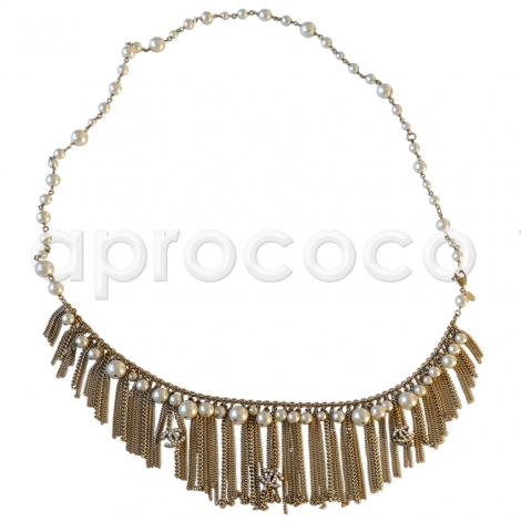 CHANEL Glass Pearl Metal Fringe multi-chain Necklace Belt