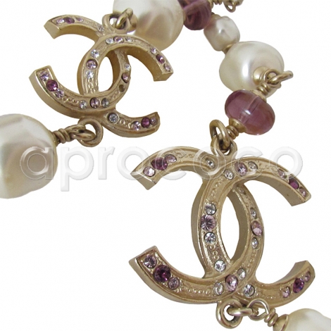 CHANEL 2012 Perlenkette Sautoir Kette - violette Gripoix Steine, Barock-Perlen & CC LOGOS