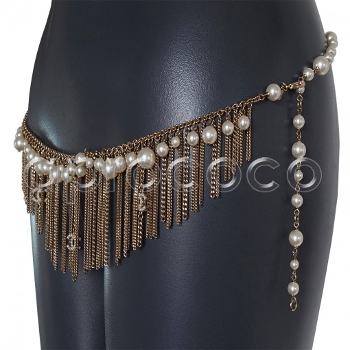 CHANEL Glass Pearl Metal Fringe multi-chain Necklace Belt