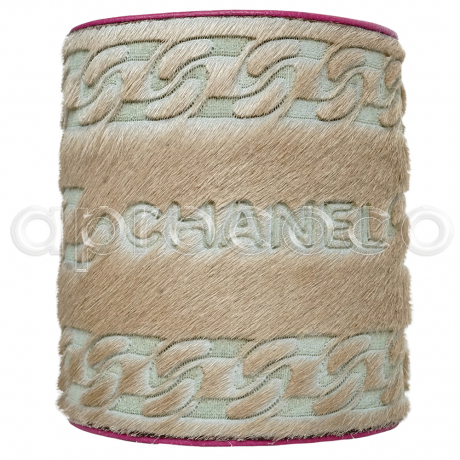 CHANEL wide pink tan pony hair bracelet with chain embossing