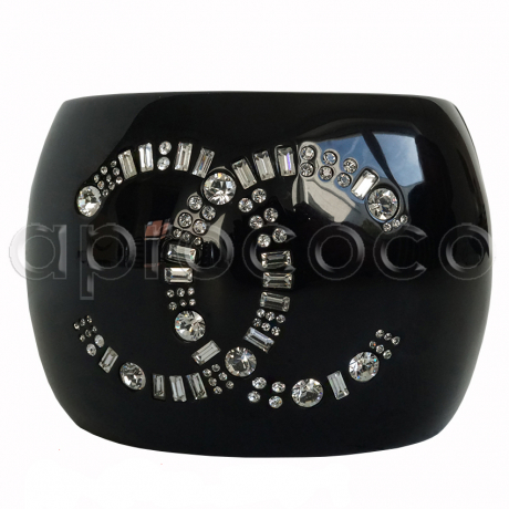 Wide black CHANEL cuff bracelet – totally polished - rhinestones CC