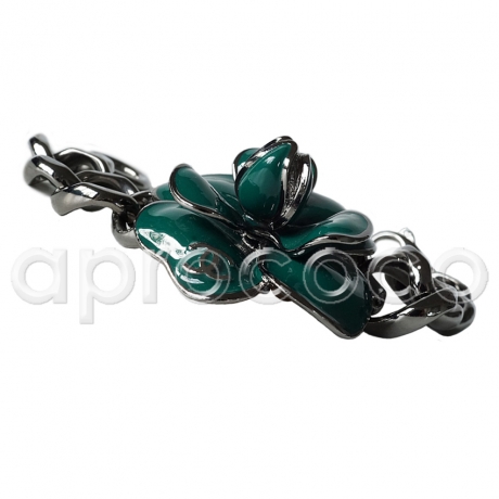 CHANEL gunmetal chain bracelet with green enameled XL Camellia