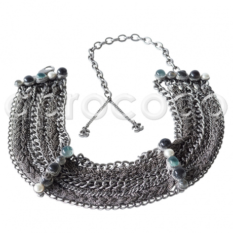 CHANEL 2011 Braided Chain Choker Necklace w. Aqua & Black Stones rt.$4550