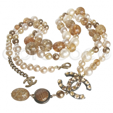 CHANEL pearl necklace * lucite * resin beads * amber-citrin-shades * rhinestones * CC logo