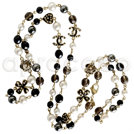 CHANEL 07 schwarz-gold Perlenkette mit ikonischen Charms & Straß
