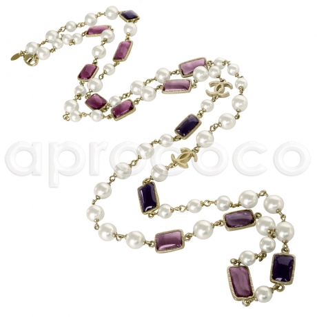 CHANEL 2007 long Pearl Necklace with purple & pink Crystal-Glass Squares