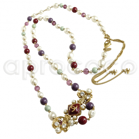 CHANEL long baroque pearl necklace with pastel colorful beads