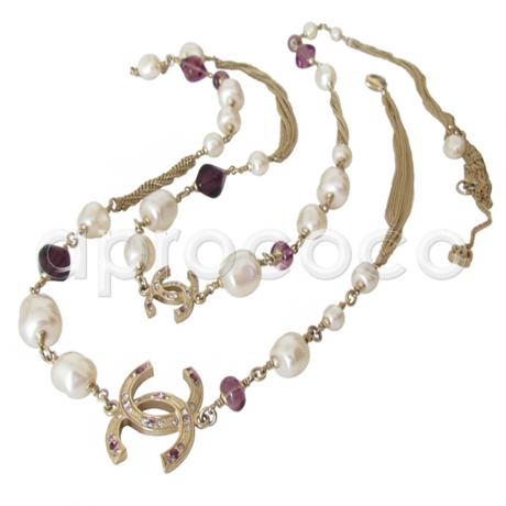 CHANEL 2012 Perlenkette Sautoir Kette - violette Gripoix Steine, Barock-Perlen & CC LOGOS