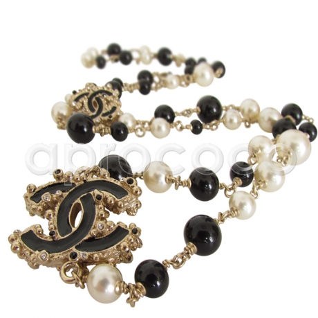 CHANEL 2012 Kette Perlenkette Sautoir - tolle CC-s - schwarze Perlen & Perlmuttperlen im Wechsel