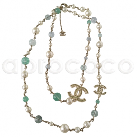 CHANEL 2013 Pearl Sautoir Necklace with green & blue glass beads & enameled CC Logos