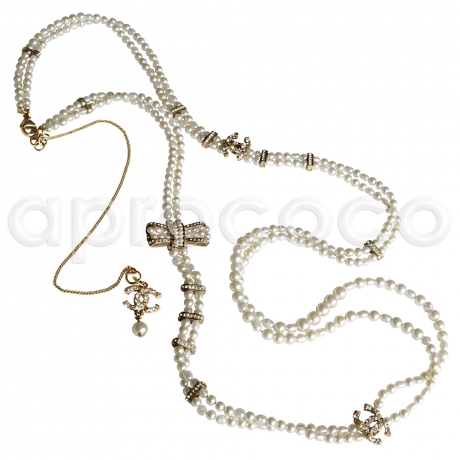 CHANEL 2016 Double Strand Pearl Charm Necklace CC Logo, Bow & Rhinestones