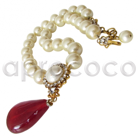 CHANEL GRIPOIX Vintage Perlenkette mit großem rubinrotem Tropfen-Anhänger