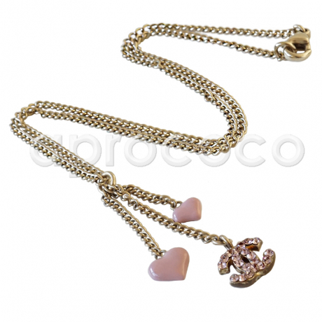 CHANEL Kette Halskette – 2 rosa HERZEN & Swarovski CC Logo Anhänger