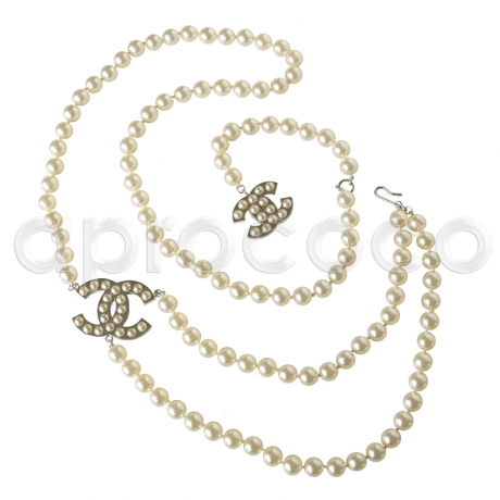 CHANEL Pearl 2-Strand Belt * Necklace with 2 shiny CC Logos