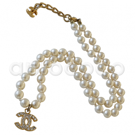CHANEL Kette Perlenkette mit Swarovski CC Logo Anhänger