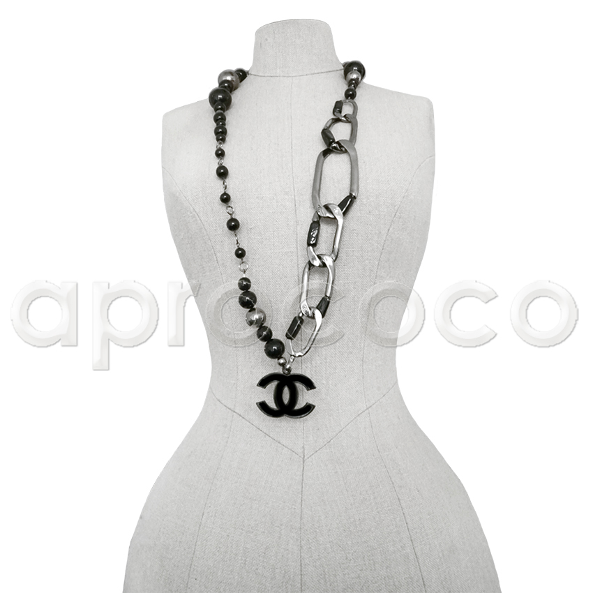 Chanel Gunmetal Rope Cc Black Bead Pearl Necklace