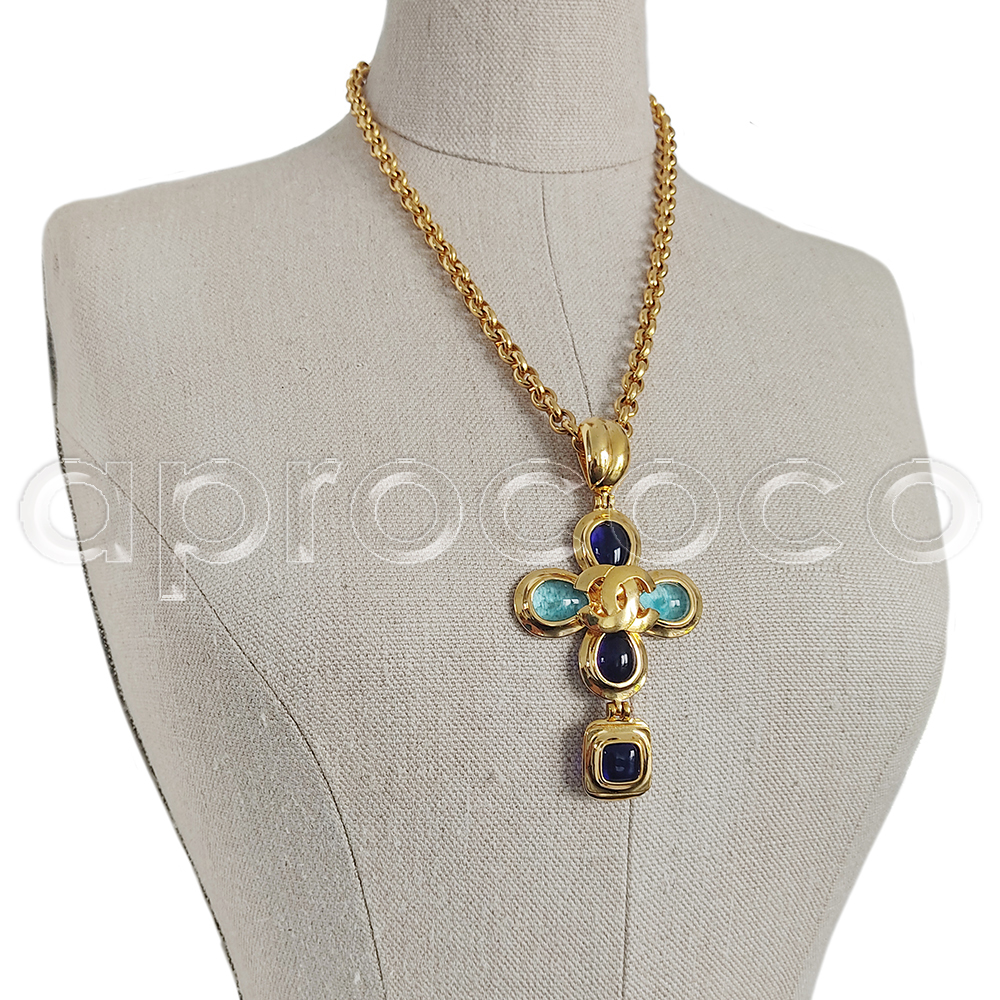 Chanel long CC and maltese cross pendant pearls and biets necklace.