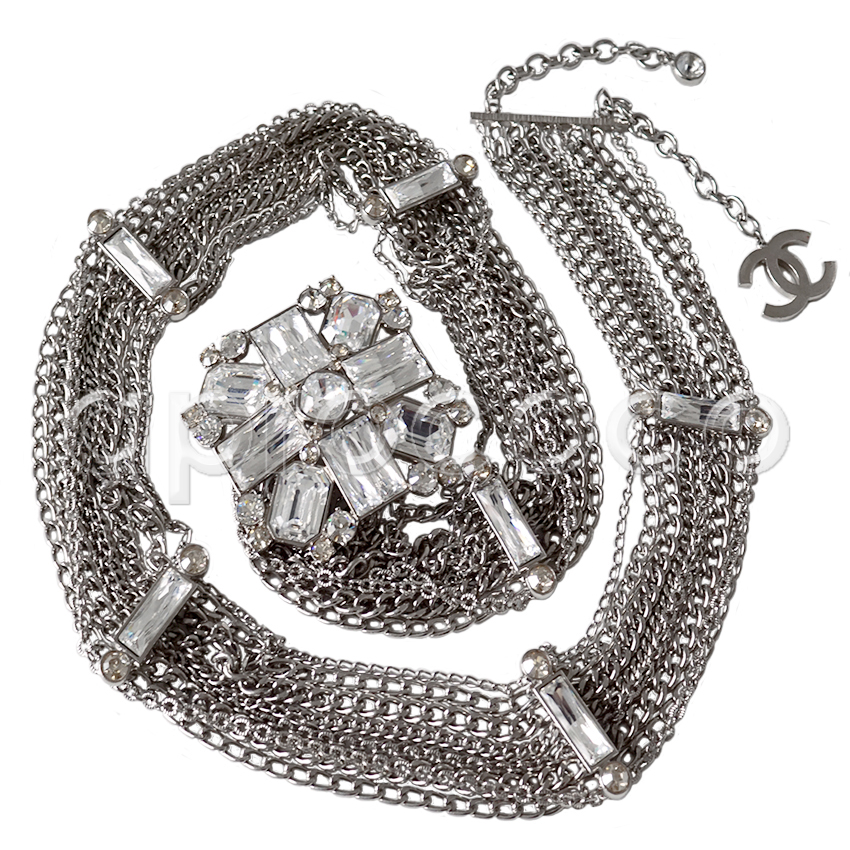 aprococo - CHANEL dramatic stunning multi strand Swarovski cross belt  necklace.