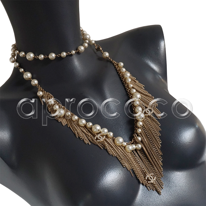aprococo - CHANEL Glass Pearl Metal Fringe multi-chain Necklace Belt