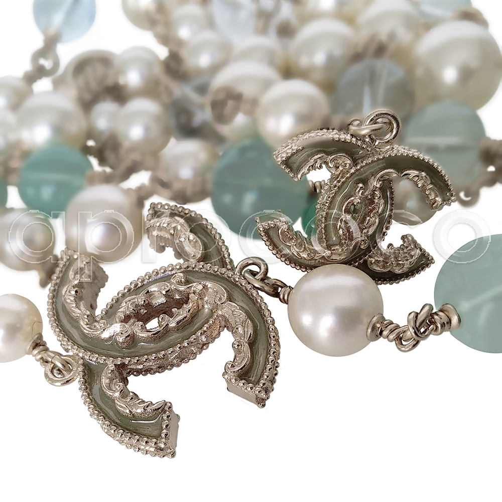 aprococo - CHANEL 2013 Pearl Sautoir Necklace with green & blue glass beads  & enameled CC Logos