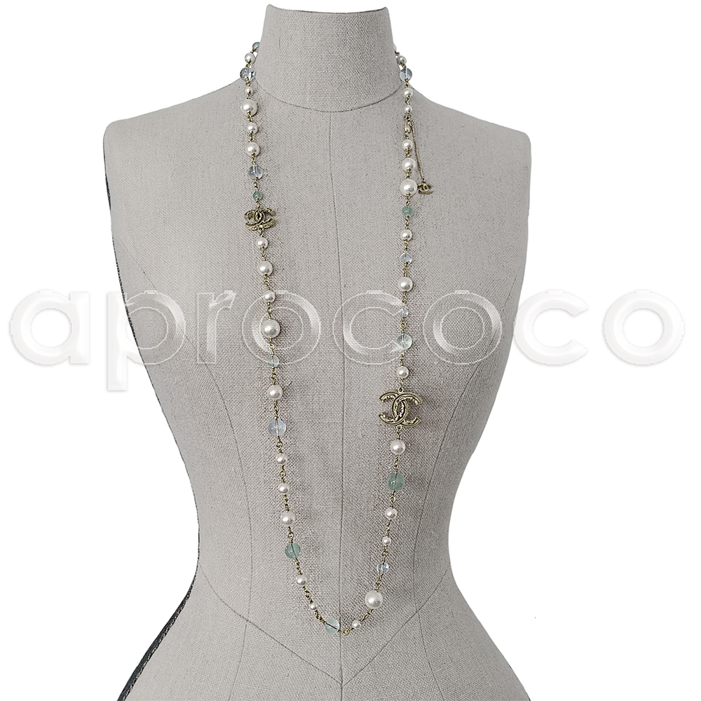 aprococo - CHANEL 2013 Pearl Sautoir Necklace with green & blue glass beads  & enameled CC Logos