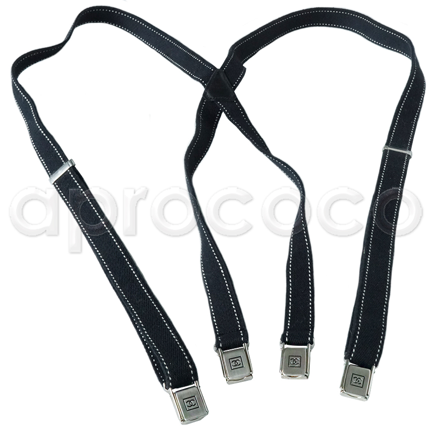 aprococo - Vintage CHANEL White Canvas Suspenders w/Black LOGO & Leather  Straps