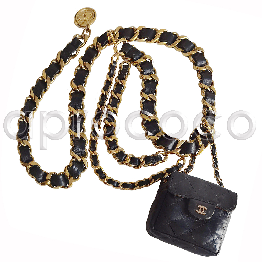 CHANEL vintage bold & chunky 3-strand chain Belt w/ mini Flap leather Bag *  gold black