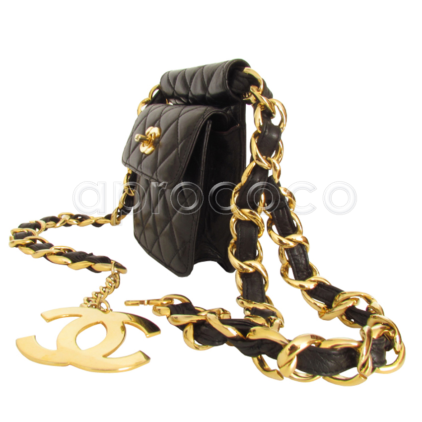 aprococo - Vintage CHANEL thick black Chain-Belt with 2.55 mini Flap-Bag