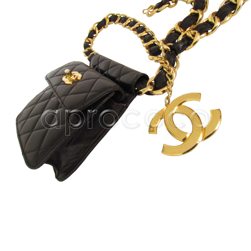 aprococo - Vintage CHANEL thick black Chain-Belt with 2.55 mini Flap-Bag