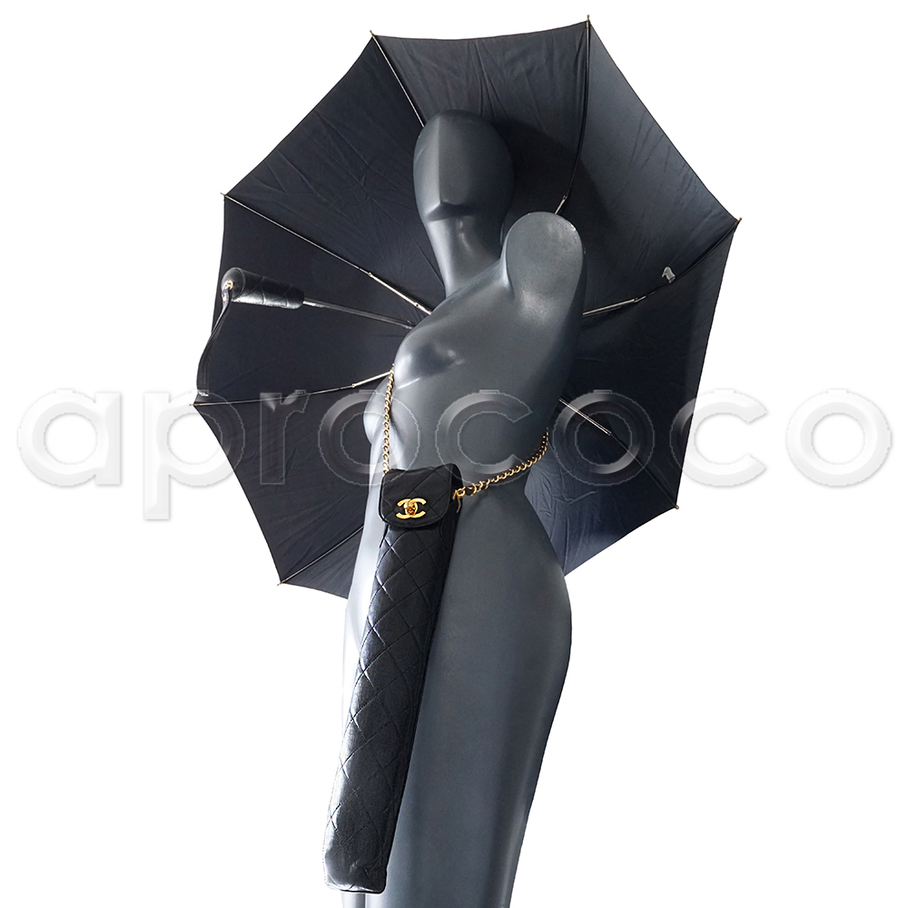 CHANEL Folding Rain Umbrella Logo Calimea Black White Travel Compact w/  Case Box