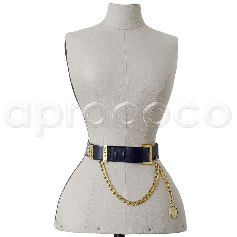 aprococo - Chanel Vintage navy-blue Leather Belt * Gold Toned