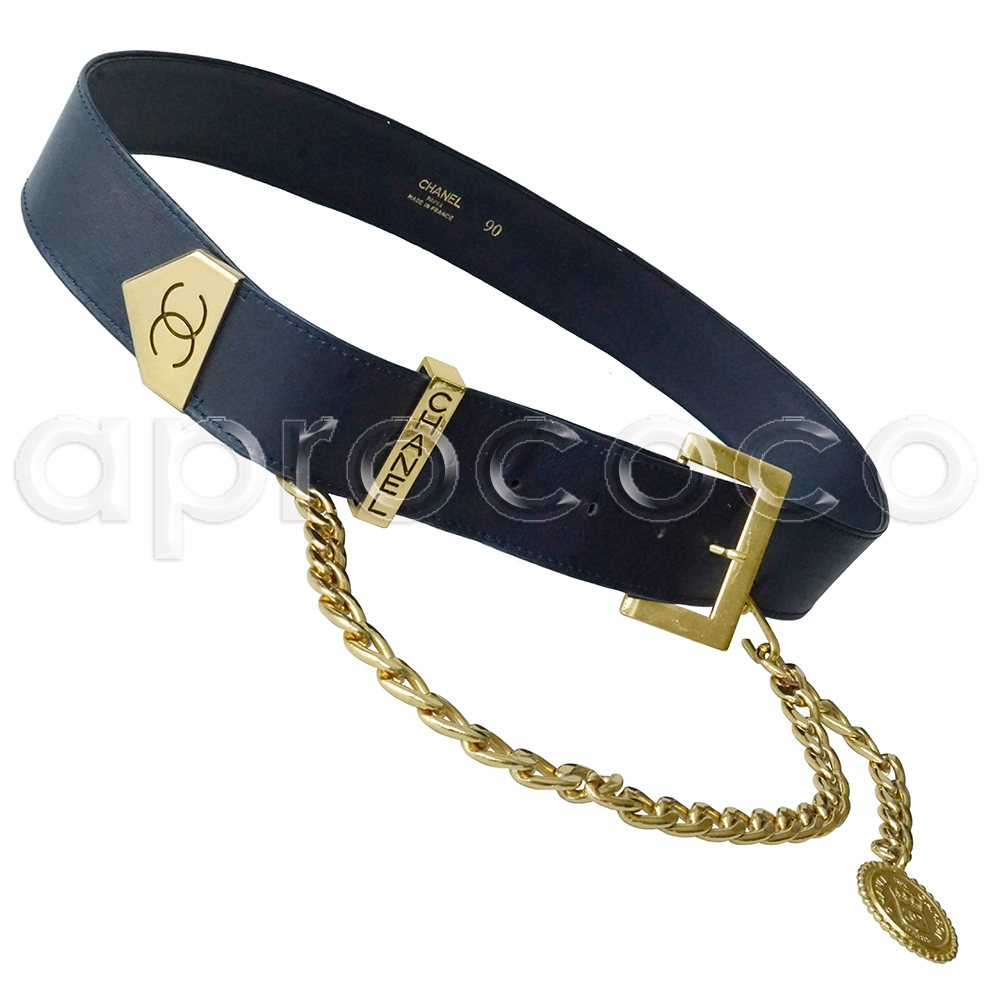 aprococo - Chanel Vintage navy-blue Leather Belt * Gold Toned