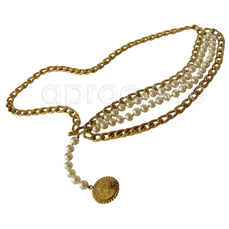 aprococo - Divine CHANEL 4 STRAND Double Pearl & Double Chain BELT NECKLACE  with Coin