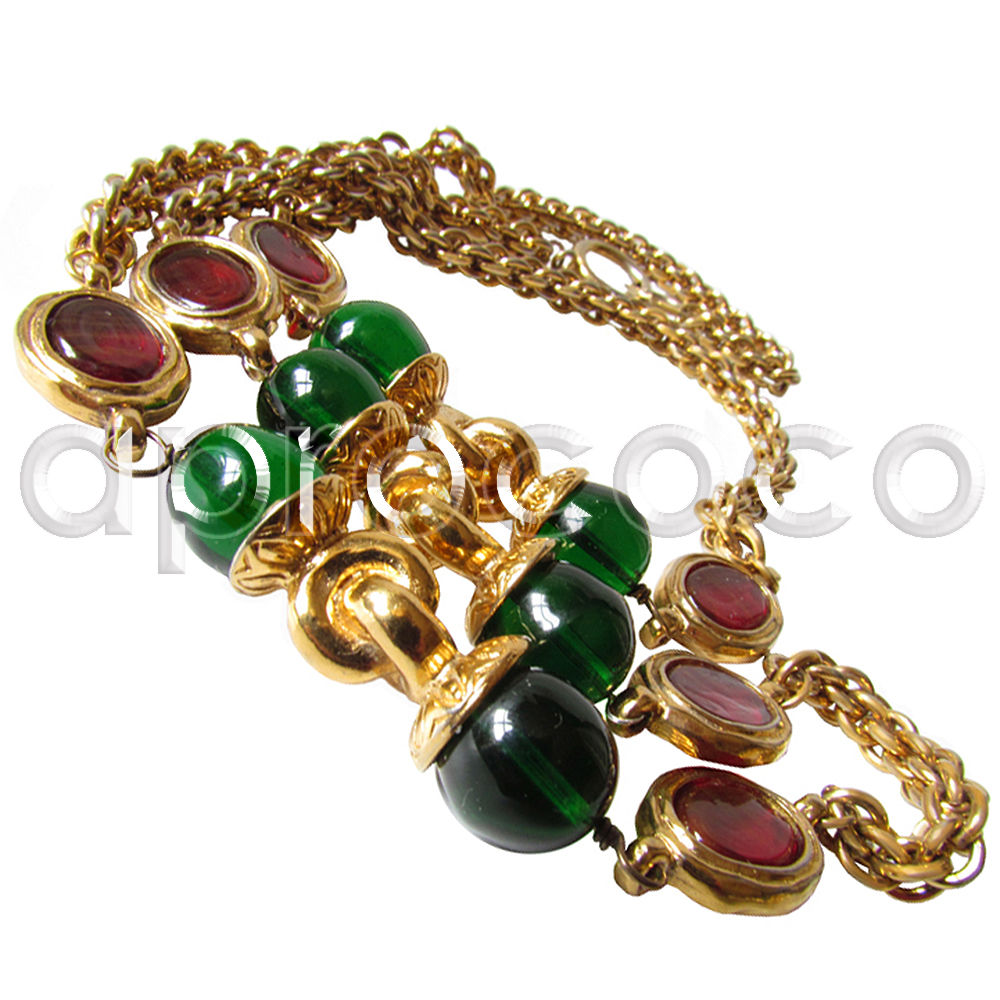 aprococo - Vintage CHANEL GRIPOIX Necklace w/ Ruby Red & EMERALD green Glass  Beads