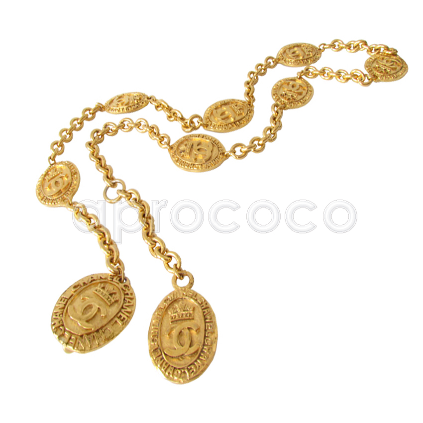 Vintage CHANEL CC Logo Coin Medallion Charm Long Necklace 