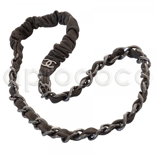 CHANEL silber-farben Stirnband-Haarband – Kette mit Leder – TAUPE – elastisch!