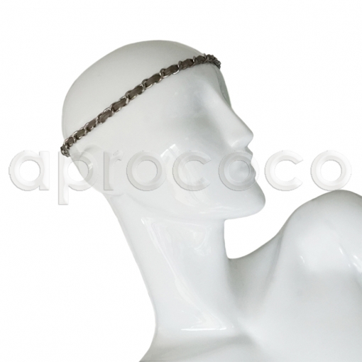 CHANEL silver-t chain HEADBAND*FRONTLET - woven taupe leather strap STRETCHY!