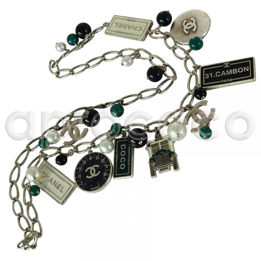 CHANEL 2006 silver-tone Belt-Necklace w/ iconic enameled Charms & Pearls - LOCOMOTIVE*TRAIN