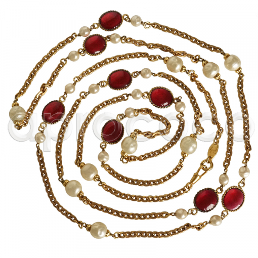aprococo - CHANEL GRIPOIX Sautoir-Necklace (68.5=174cm) w/ ruby red  Crystals & Pearls