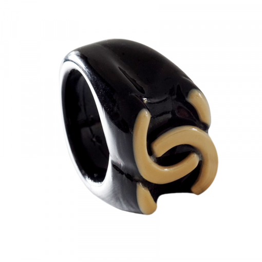 aprococo - CHANEL black resin RING w/ large beige CC Logo